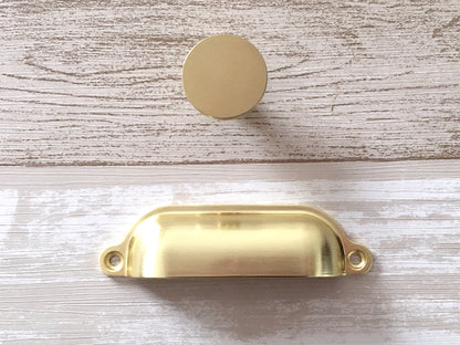3.5" Brushed Gold Cup Drawer Pull and Circle Knob, Modern Kitchen Cabinet Hardware