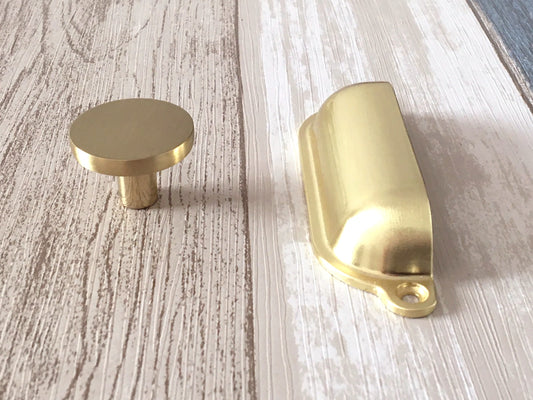 3.5" Brushed Gold Cup Drawer Pull and Circle Knob, Modern Kitchen Cabinet Hardware