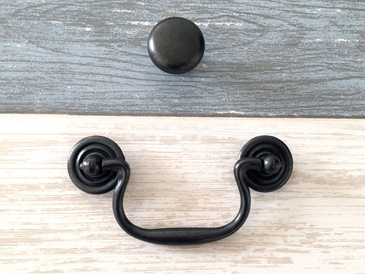 3.5" Centers Vintage Style Drop Drawer Pull & Knob - Antique Black