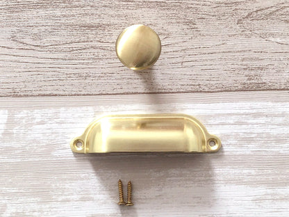3.5" Centers Gold Cup Drawer Pull and Cabinet Knob