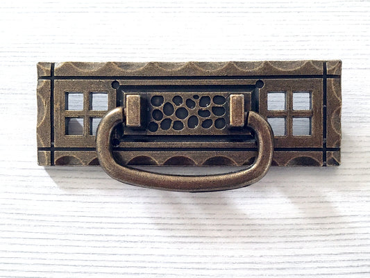 3.25" Antique Bronze Drop Bail Drawer Pull with Backplate, Vintage Style