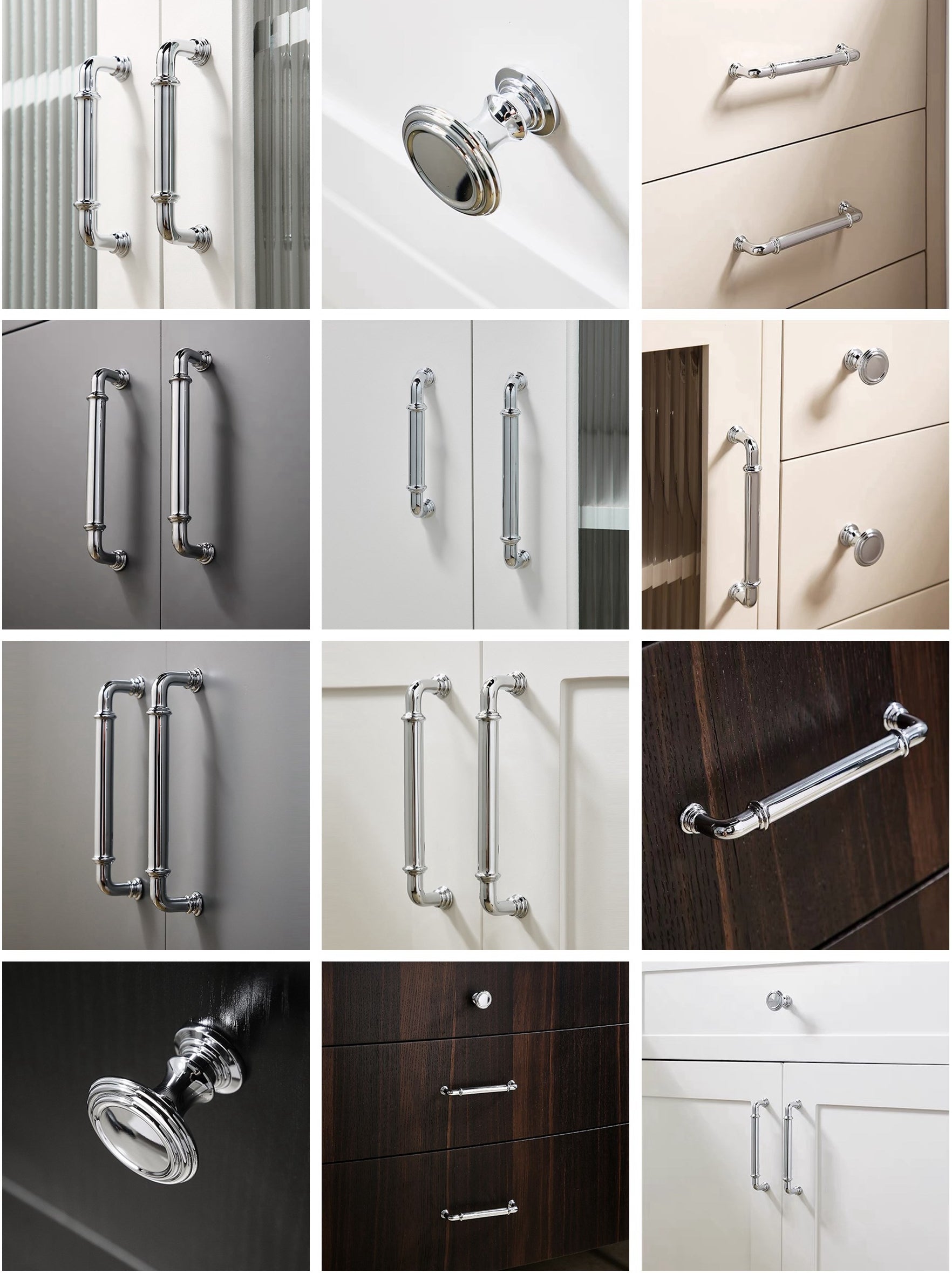 Collage of various chrome cabinet handles and knobs on different colored cabinets.