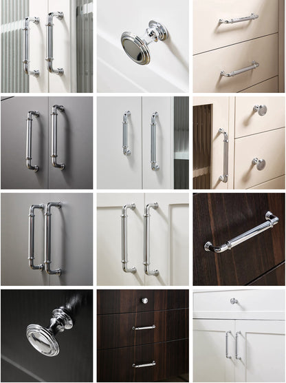 Collage of various chrome cabinet handles and knobs on different colored cabinets.