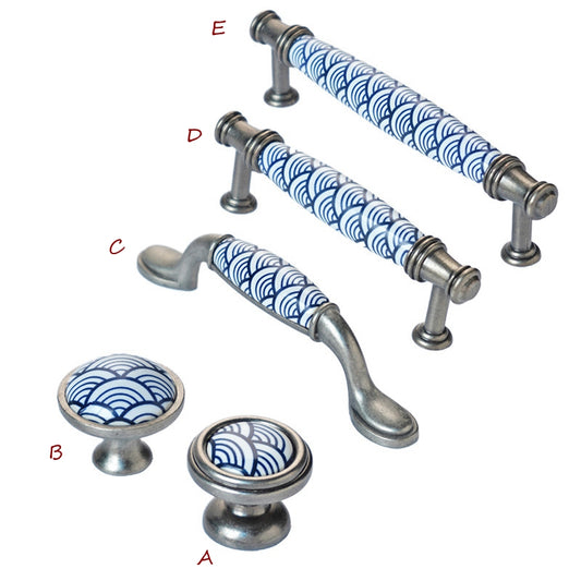 3.75" 5" Ceramic Cabinet Pulls, Blue White Fish Scale