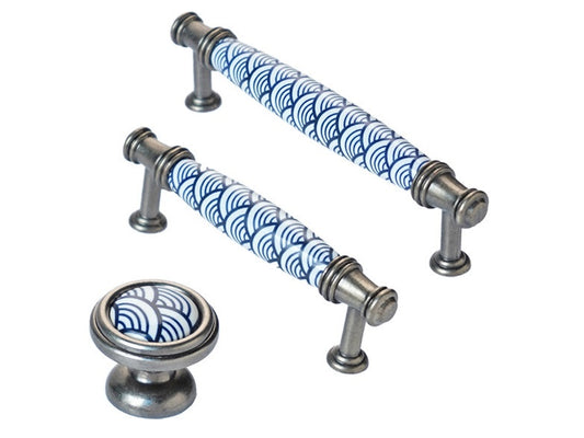 3.75" 5" Ceramic Cabinet Pulls, Blue White Fish Scale