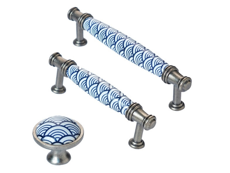 3.75" 5" Ceramic Cabinet Pulls, Blue White Fish Scale