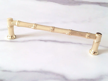 Bamboo Drawer Handles, Polished Gold, Kitchen Cabinet Hardware, 3.75" 5" 7.5" Centers
