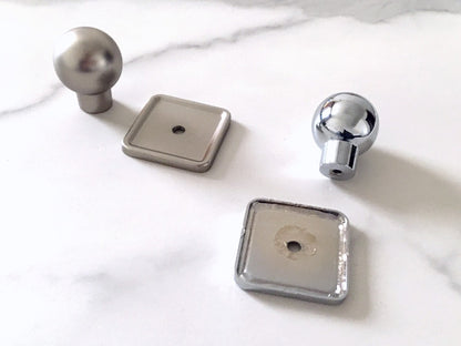 Drawer Ball Knob w. Square Plate, Sphere Cabinet Pull, Nickel Polished Chrome, Modern Kitchen Hardware