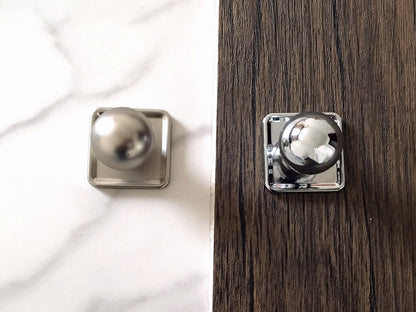 Drawer Ball Knob w. Square Plate, Sphere Cabinet Pull, Nickel Polished Chrome, Modern Kitchen Hardware