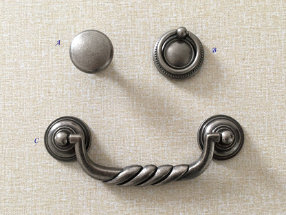 4.5" Bail Drawer Pull Handles, Antique Pewter, Round Knob and Drop Ring
