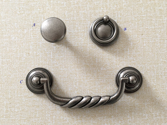 4.5" Bail Drawer Pull Handles, Antique Pewter, Round Knob and Drop Ring