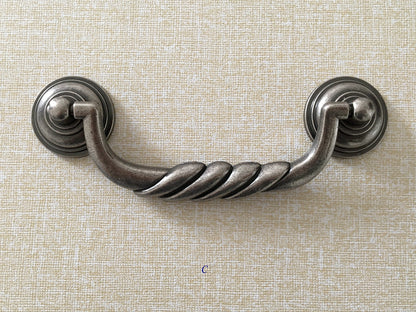 4.5" Bail Drawer Pull Handles, Antique Pewter, Round Knob and Drop Ring