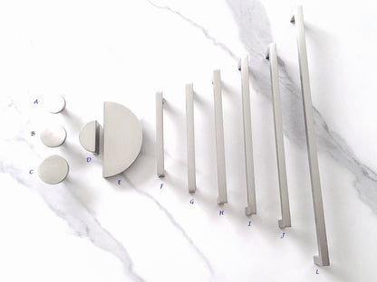 Nickel Slim Square Cabinet Handle, Half Moon Drawer Pull, Geometric Minimalist Kitchen Hardware