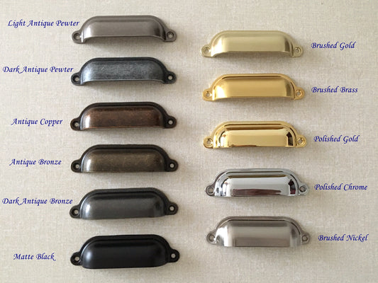 Cabinet Cup Pull Handle, 3.5" Center to Center, Front Screws, Multi Finishes