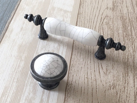 3" 3.75" 5" Drawer Pull Handles, White Crackle, Antique Pewter, 76 96 128 mm Centers