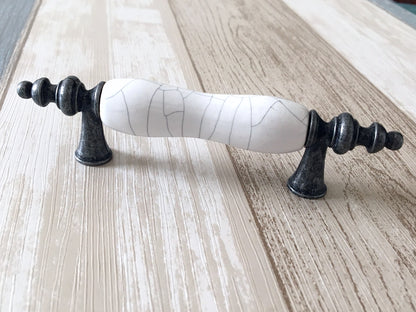 3" 3.75" 5" Drawer Pull Handles, White Crackle, Antique Pewter, 76 96 128 mm Centers
