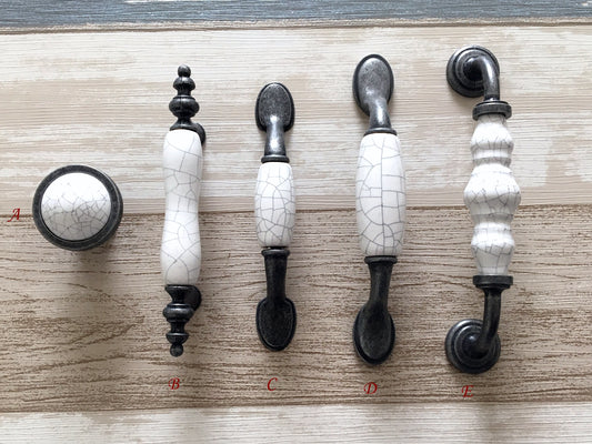3" 3.75" 5" Drawer Pull Handles, White Crackle, Antique Pewter, 76 96 128 mm Centers