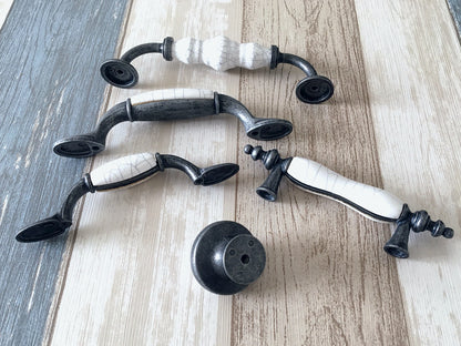 3" 3.75" 5" Drawer Pull Handles, White Crackle, Antique Pewter, 76 96 128 mm Centers