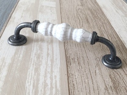 3" 3.75" 5" Drawer Pull Handles, White Crackle, Antique Pewter, 76 96 128 mm Centers