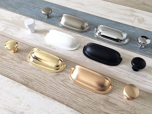 2.5" Cup Drawer Pull, Cabinet Knobs, 64 mm Centers, White Black Gold Nickel Gray