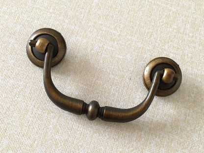 3.25" Centers Swing Bail Drawer Pull with matching knob, Antique Gold Brass, Farmhouse Style
