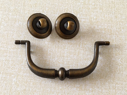 3.25" Centers Swing Bail Drawer Pull with matching knob, Antique Gold Brass, Farmhouse Style