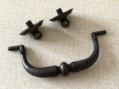 3.25" Centers Swing Bail Drawer Pull with matching knob, Antique Gold Brass, Farmhouse Style