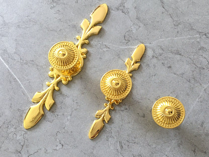 Polished Gold Cabinet Knob with Floral Backplate - LynnsHardware