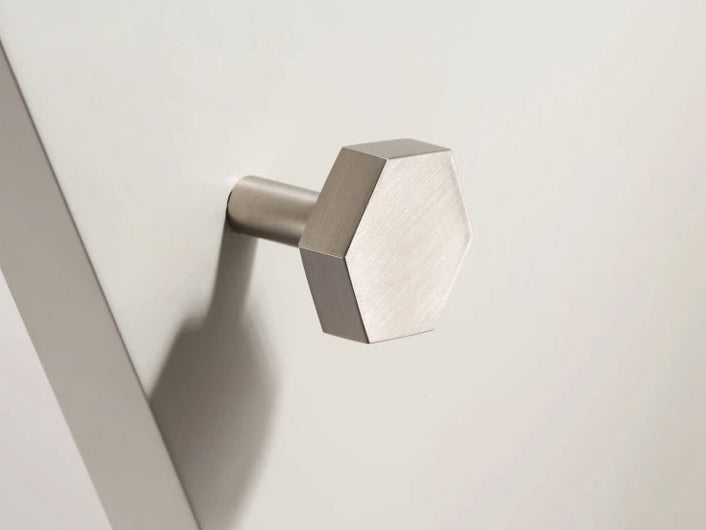 brushed nickel silver hexagonal door handle on a white door