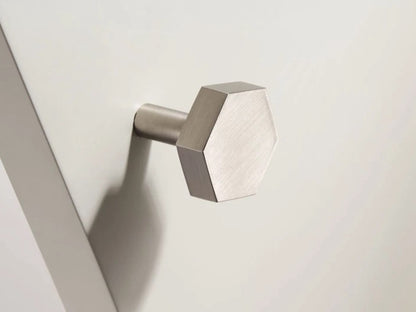 brushed nickel silver hexagonal door handle on a white door