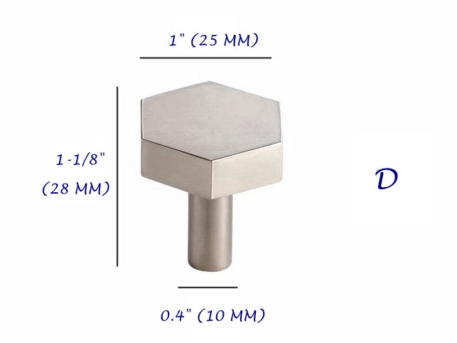 Hexagonal nickel drawer knob with measurements on a white background