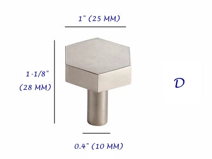 Hexagonal nickel drawer knob with measurements on a white background
