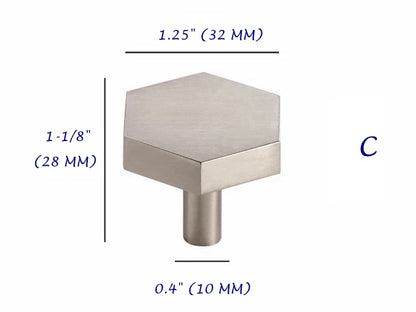 cabinet hexagonal knob with measurements on a white background
