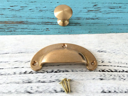 Solid Brass Cup Pull & Drawer Knob, Unlaquered Brass / Raw Brass