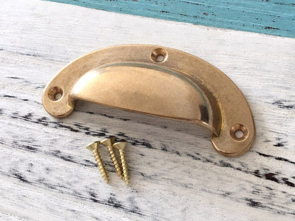 Solid Brass Cup Pull & Drawer Knob, Unlaquered Brass / Raw Brass