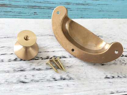Solid Brass Cup Pull & Drawer Knob, Unlaquered Brass / Raw Brass