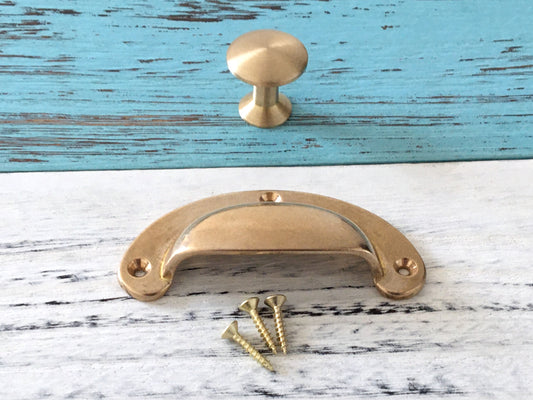 Solid Brass Cup Pull & Drawer Knob, Unlaquered Brass / Raw Brass