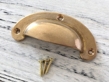 Solid Brass Cup Pull & Drawer Knob, Unlaquered Brass / Raw Brass