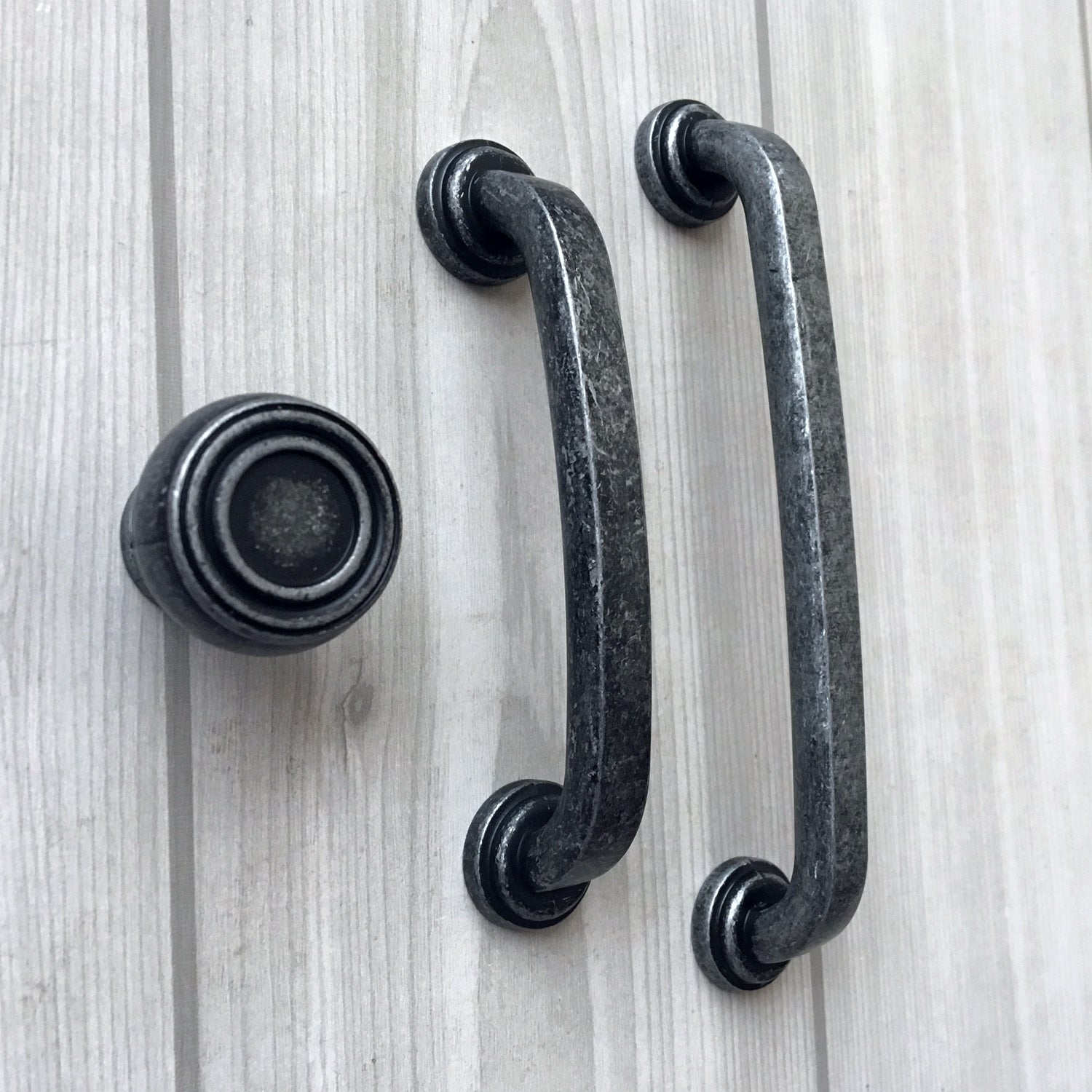 Antique pewter cabinet hardware set including cabinet pull and round knob matching rustic style