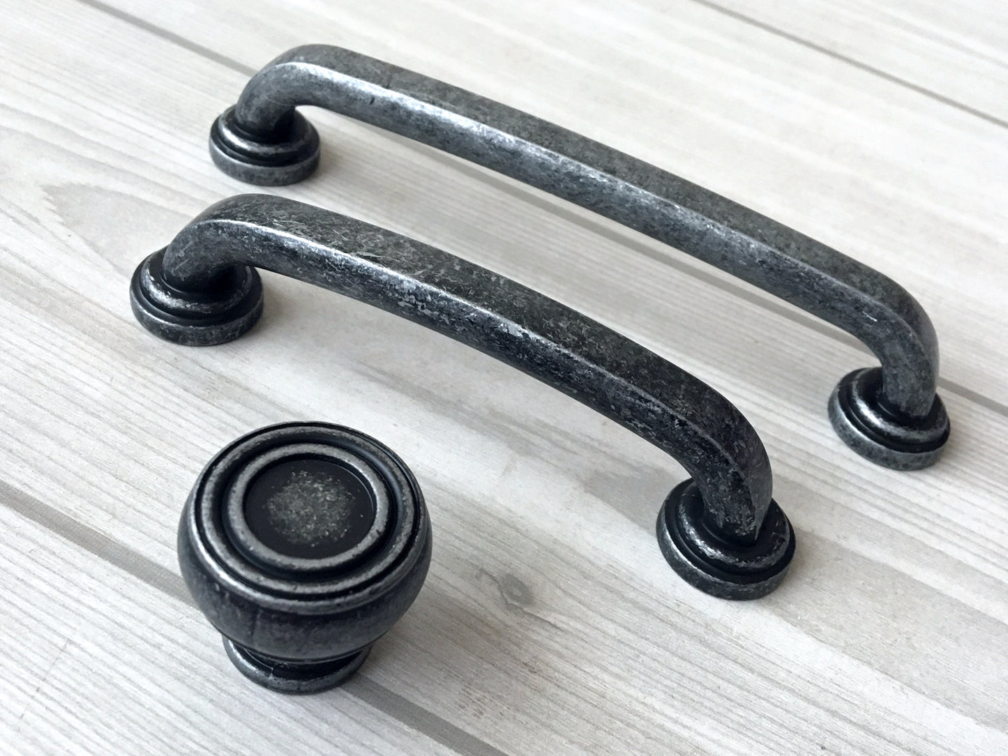 Antique pewter cabinet hardware set including cabinet pull and round knob matching rustic style