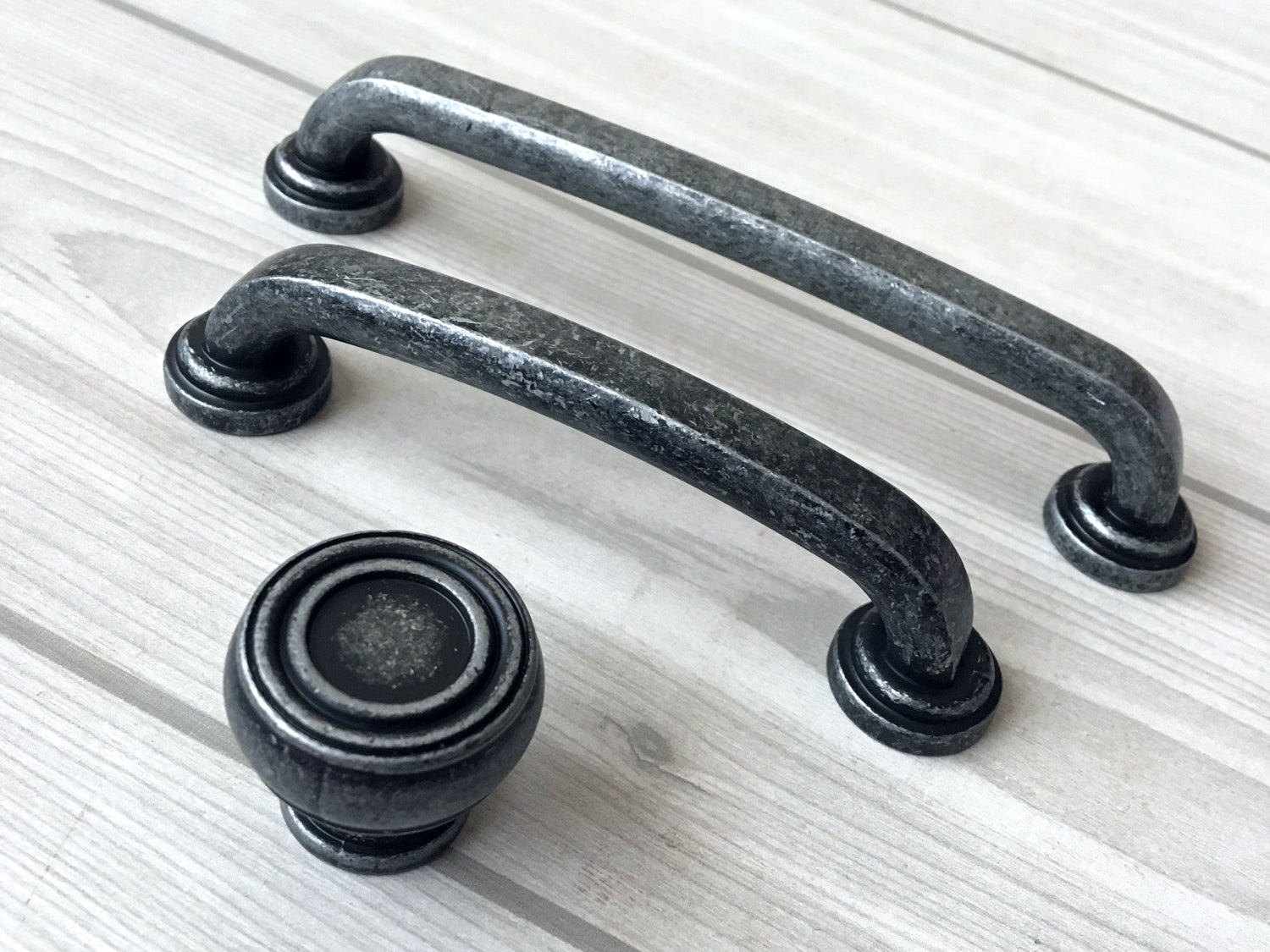 Antique pewter cabinet hardware set including cabinet pull and round knob matching rustic style