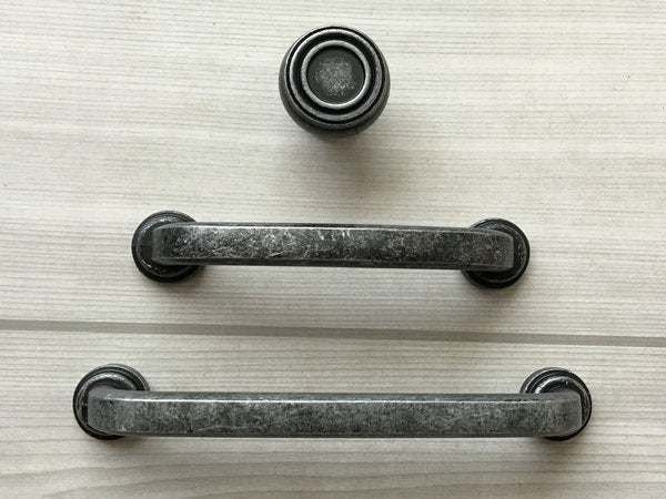Antique pewter cabinet hardware set including cabinet pull and round knob matching rustic farmhouse style