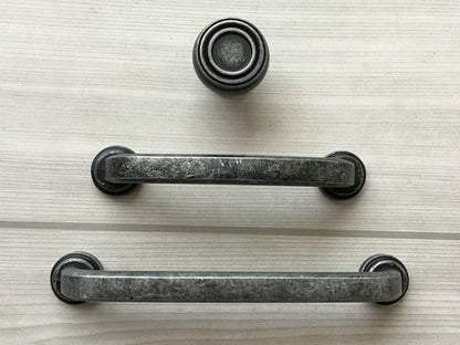 Antique pewter cabinet hardware set including cabinet pull and round knob matching rustic farmhouse style