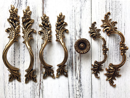Antique Gold Brass Cabinet Door Handle, Leafy Drawer Pulls, French Provincial Vertical Hardware