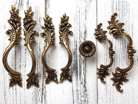 Antique Gold Brass Cabinet Door Handle, Leafy Drawer Pulls, French Provincial Vertical Hardware