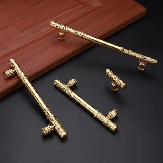 Polished Gold Drawer Pulls Luxurious Kitchen Cabinet Handles with Embossed Motif