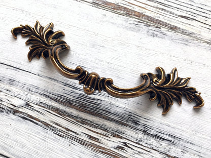 Antique Gold Brass Cabinet Door Handle, Leafy Drawer Pulls, French Provincial Vertical Hardware