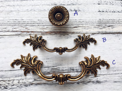 Antique Gold Brass Cabinet Door Handle, Leafy Drawer Pulls, French Provincial Vertical Hardware