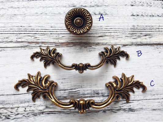 Antique Gold Brass Cabinet Door Handle, Leafy Drawer Pulls, French Provincial Vertical Hardware