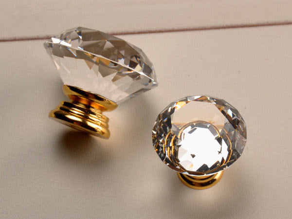 Glass Drawer Knob with Clear Polished Gold Base, Cabinet Door Pull, Kitchen Hardware